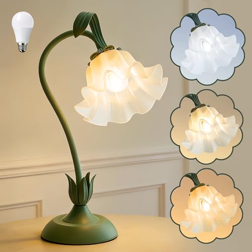 Image of Bedside Table Lamp for Bedroom, Vintage Flower Table Lamps, LED Reading Light 3 Color Modes Bedside Lamps, Nightstand Lamp Kawaii Desk Lamps for Bedroom Living Room Home Decoration(Green lamp)