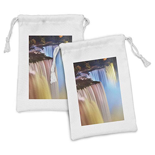 Lunarable Waterfall Fabric Pouch Set of 2, Niagara Falls Colorful Cascade Stream at Night View Waterfall Scenic Picture, Small Drawstring Bag for Toiletries Masks and Favors, 9" x 6", Multicolor