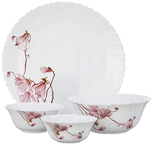 Image of Larah by Borosil Opalware Dinner Set Microwave & Dishwasher Safe | Bone-Ash Free | Crockery Set for Dining & Gifting | Plates & Bowls (Lily Blossom, 14pc)