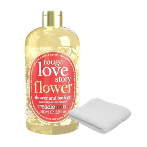 Treacle Moon Rouge Love Story Shower and Bath Gel 500ml with Soft White Bath Washcloth - Luxurious Floral Scented Body Wash Gift Set