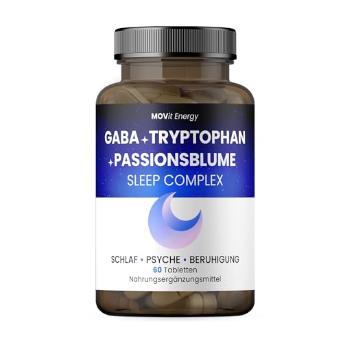 MOVit Sleep Complex GABA + Tryptophan + Passionsblume, Nahrungsergänzung, Mit Baldrian & Vitamin B6, Fördert Stressabbau, Entspannung, Nervenfunktion & mentale Balance - 60 Tabletten