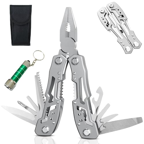 XEEMKAR | Alicates multiusos, incluye linterna llavero, multiusos herramienta, alicates multiherramienta, herramienta multiusos, alicate multiusos, multiherramienta supervivencia (Plata)