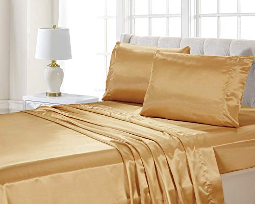 Cotton Home Depot Silk Like Satin 9 Pc Comforter Set(Comforter + Duvet Cover + Flat Sheet + Fitted Sheet 16" Deep Pocket + Bedskirt + 4 Pillow Cases) Bedding Set Gold,Queen #TOP4