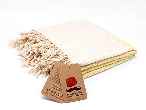 Bazaar Anatolia Herringbone Turkish Towel 100% Cotton Peshtemal Bath Towel 77X38 Thin Lightweight Travel Camping Bath Sauna Beach Gym Pool Blanket Fouta Quick Dry Towels (Yellow) #TOP1