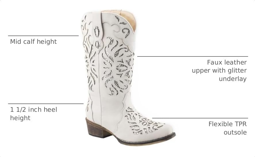 Image of ROPER Womens Riley Glitz Glitter Underlay Snip Toe Casual Boots Mid Calf Low Heel 1-2 inch - Off White