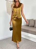 Damen Satin-Outfits 2-teiliges langes Maxi-Rock-Set mit glänzender seidiger Weste, Geschäftlich-Klassisch-Formal-Sets, gold, S – Ansicht 4