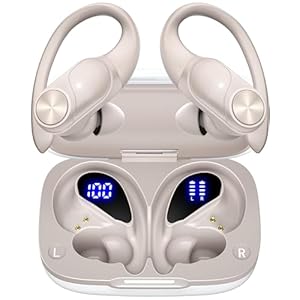 Bluetooth Headphones Wireless Earbuds 80hrs Playtime Wireless Charging Case Digital Display Sports Ear buds with Earhook Waterproof Over-Ear Earphones for TV Phone Laptop Contrast Color (Pearl Gray)