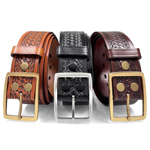 Image of Basketweave Work Uniform Genuine Leather Belt 1.75 inch for Men-Black, Brown, or Tan
