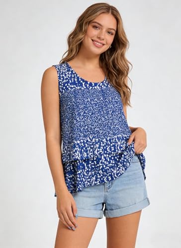 Image of Summer Tops for Women Flowy Chiffon Sleeveless Blouses White Tank Top Woman Ladies Crewneck Double Layers Strap Shirt