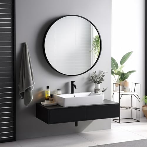 Image of Sunniry Round Mirror 28 inch, Round Black Mirror, Circle Bathroom Mirrors Metal Frame, Wall Mounted Circle Mirrors for Bathroom, Living Room, Hallway, Farmhouse.