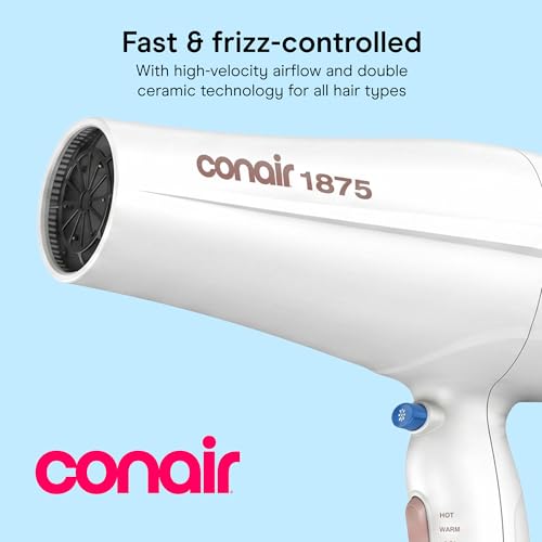 Image of Conair Double Ceramic Ionic Hair Dryer | Double Ceramic Ionic Tech Reduces Frizz for Fine, Thick, and Curly Hair Types, White with Diffuser & Concentrator, 566L
