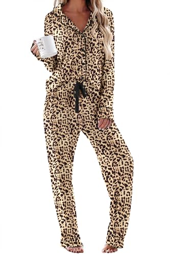 Ekouaer Women's Pajamas Long Sleeve Sleepwear Casual Button Down Loungewear Soft Pjs Set Rosy Leopard,Medium