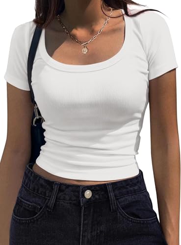 ELFIN Damen T-Shirt Gerippt Slim Fit Basic Tee Shirts Crop Top Rundhals Kurzarm Sommer Tshirt Stretch Oberteile Casual Bluse Tops, Weiß, M