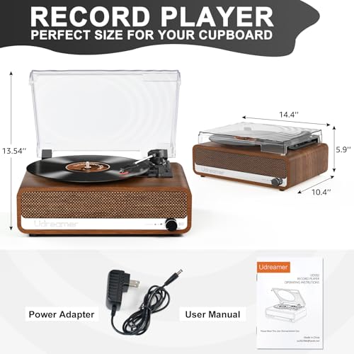 Image of Vinyl Record Player with Speakers,3 Speed Turntable with Bluetooth, Aux, Headphone Jack, RCA Output and Auto Stop,Mirror Vintage Wooden Walnut