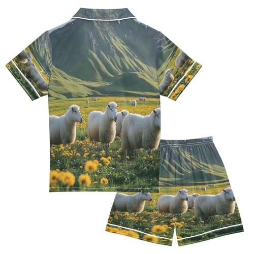 ALAZA Sheep Field Flower Blossom Mountain Satin Pajamas Set Short Sleeve Button Down Sleepwear Summer Pjs 2 Piece2