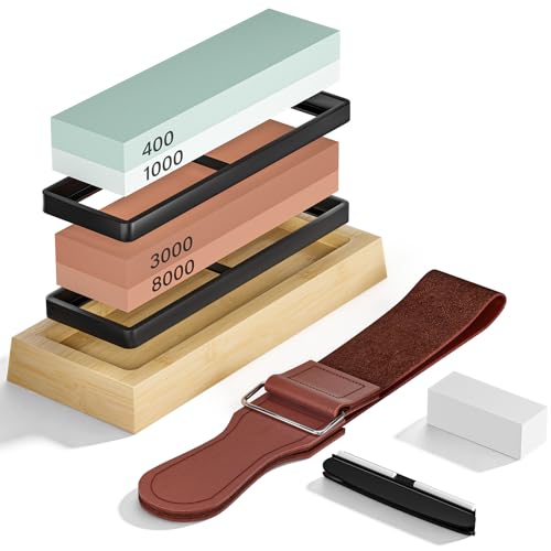 Dayacoco Knife Sharpening Stone Kit Premium 400 1000 3000 8000 Whetstone Knife Sharpener with Non-Slip Wood Base Angle Guide Flattening Stone Leather Strop for Sharpening Knives (8 Pcs)