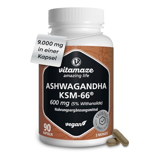 Organischer Ashwagandha KSM-66 9000 mg (15:1) 3 Monate (90 Kapseln eine täglich) Wurzelextrakt mit 5% Withanoliden Vegan Ohne Zusatzstoffe