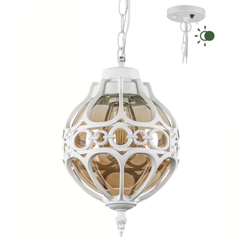 Dusk to Dawn Globe Outdoor Pendant Lights, White Porch Hanging Lantern Pendant Lighting, Outside Aluminum Waterproof Adjustable Ceiling Light, Vintage Amber Glass Exterior Chandelier