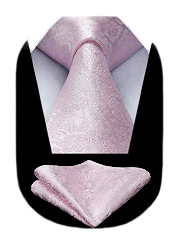 Image of HISDERN Men Floral Ties Woven Classic 3.4 inch Necktie Set Formal Tie Pocket Square for Wedding with Handkerchief Gift Box