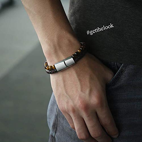 Image of Young & Forever Men's Genuine Braided Leather and Titanium Steel Bracelet | Bold Punk Tiger Eye Bead & Multi-Strand Wrist Bands | Vintage Nautical Clasp & Animal Head Hook Hook Kada Style Options