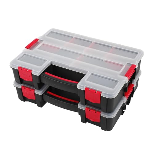 KOADOA Tool Box with Transparent Lids, Small Parts Toolbox with Removable Dividers, Durable Plastic Hardware Organizer with 10 Compartments for Nuts Bolts Screws Nails (2, Black)