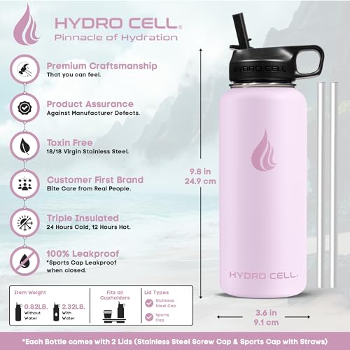 Image of HYDRO CELL Stainless Steel Insulated Water Bottle with Straw - For Cold & Hot Drinks - Metal Vacuum Flask with Screw Cap and Modern Leakproof Sport Thermos for Adults (Pink 32oz)
