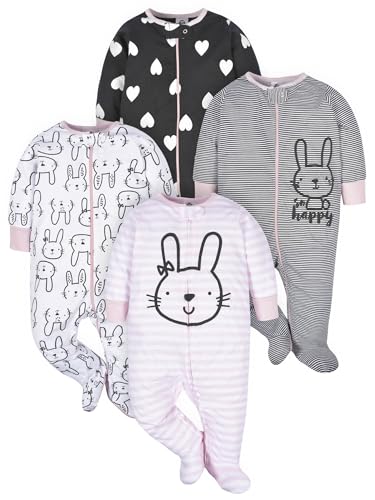 Gerber Baby-Mädchen 4er-Pack Sleep’N Play Strampler und Kleinkind-Schlafanzüge, Bunny Smiley, 6–9 Monate
