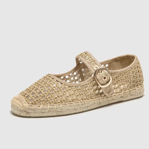 U-lite Women's Mesh Mary Jane Flat Espadrilles Woven Espadrille Outsole Canvas Fishnet Summer Ballet Flats Shoes2