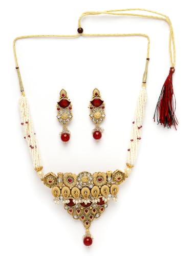 Image of Adiva Stylish Traditional Gold-Plated Kundan Stone Pearls & Beads Meenakari Handcrafted Necklace with Earrings Jewellery Set for Women & Girls