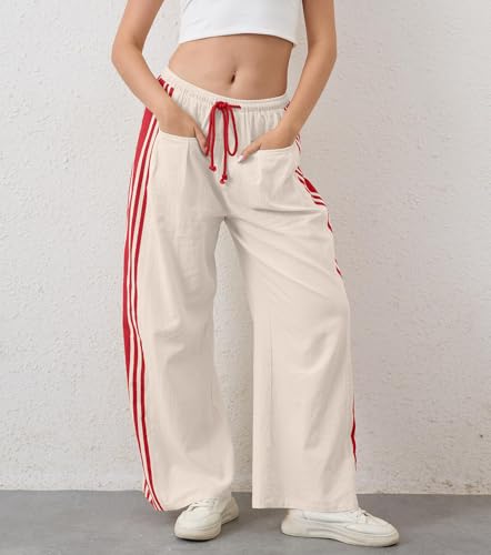 MISSACTIVER Women Side Striped Wide Leg Pants Color Block High Rise Drawstring Sweatpants Baggy Track Pants with Pockets2