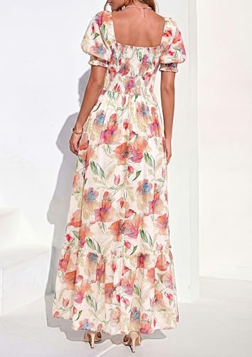 PRETTYGARDEN Women's Floral Boho Maxi Dresses Flowy Short Sleeve A Line Smocked Eyelet 2026 Summer Beach Vacation Clothes (White Big Flower,Medium) — view 4