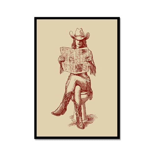 Toile murale vintage cowgirl pour salle de bain rétro en cadre métal noir 20x30