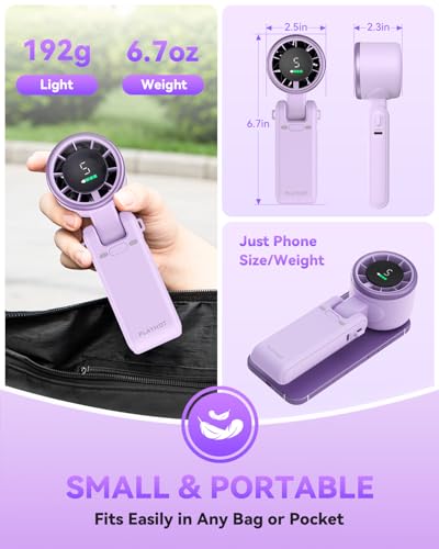 Image of PlayHot Portable Handheld Turbo Fan, Travel Essentials, Gifts for Women /Men | 5-Speed, Up to 12H, 10m /s Airflow, USB-C Rechargeable, LED Display, 3-in-1 Foldable Personal Fan for Cruise, Beach, Vacation