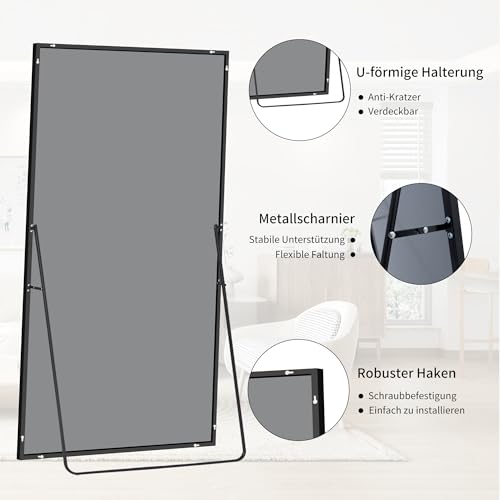 BONEWEI Ganzkörperspiegel 180 x 86 cm, Groß Standspiegel mit schwarzem Aluminiumrahmen, Großer Wandspiegel, Rechteckiger Bodenspiegel, für Schlafzimmer, Eingangsbereich, Flur, Heimdekorationn