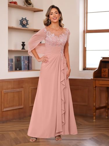 Lace Appliques Mother of The Bride Dresses with Ruffle Chiffon Cap Sleeve Evening Formal Dress PU2033