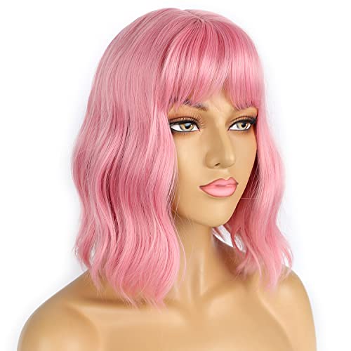 image for LANCAINI Pastel Bob Wigs with Bangs for Women Loose Wavy Wig Pastel Wa