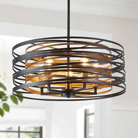 MIAYBPH Dining Room Lighting Fixture, 5-Light Farmhouse Black Chandelier Drum Light, Round Metal with Retro Wood Texture Interior, E12 Bulbs Not Included Cover