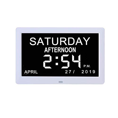 Digitale Kalender-Tagesuhr, automatisch dimmbares Display, großer, Nicht abgekürzter Tag und Monat mit 5 Alarm- und 3 Medikamentenerinnerungen für