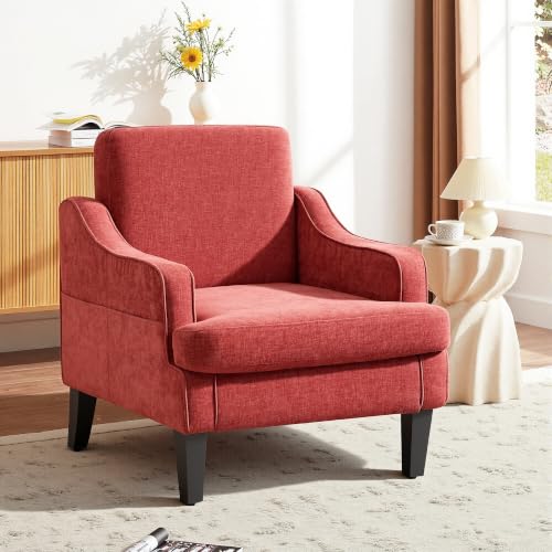 Image of Set of 2 Accent Chair for Living Room,Mid-Century Arm Chair Chenille Fabric Living Room Chairs,Upholstered Reading Chair for Bedroom,Single Sofa Chair with Wood Legs for Apartment (Orange)