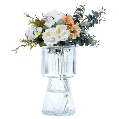 CEWOR Ribbed Vase, Clear Glass Vase, 7.5 Inches Modern Vase for Centerpiece, Flower Vase for Rustic Wedding Home Table Decorations