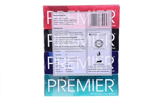 Image of Premier Box Face Tissue Papers 100 Pulls 2Ply (Pack of 4-400 Pulls, 800 Sheets) Soft & Absorbent Facial Tissues | Disposable Tissues for home, Car tissue box, Office tissue paper