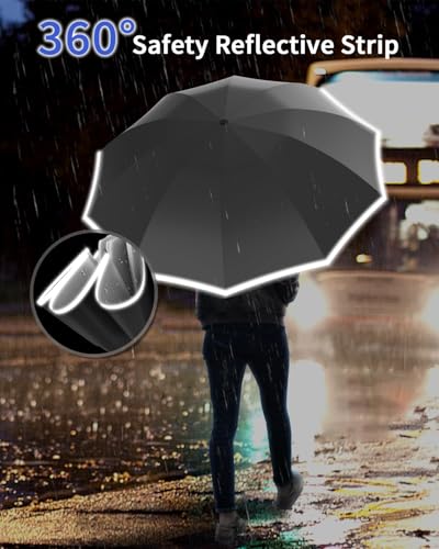 Image of ANYCHO Inverted Umbrella for Men, 3 Fold for Travel with Reflective Stripe 10 Ribs, 45 Inch Windproof & UV Protection Small Folding Umbrella with Auto Open and Close, Portable Car Umbrella for Women