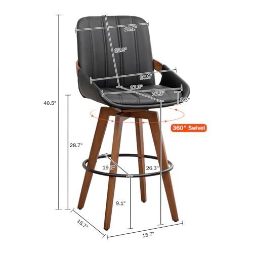 Image of AQG Counter Height Bar Stools Set of 4, Mid Century Modern Retro Bar Chairs, Swivel Barstools with Walnut Craft, Faux Leather Upholstered Furniture for Island /Counter (Black, 26.3 inch-4 PCS)