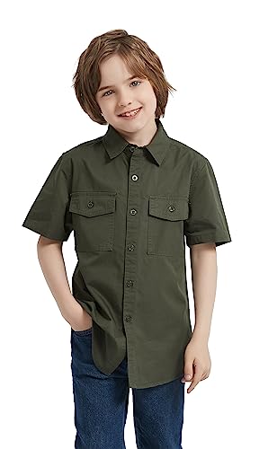 Tronjori Boys Short Sleeve Button Down Casual Woven Shirt Two Pockets(12,Dark Olive) #TOP1