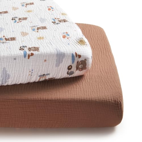 Image of TILLYOU Muslin Mini Crib Sheets 2 Pack, Pack and Play Mattress Sheets Fitted for Pack N Play, 38 x 26 Sheet for Toddler, Pilot Bear