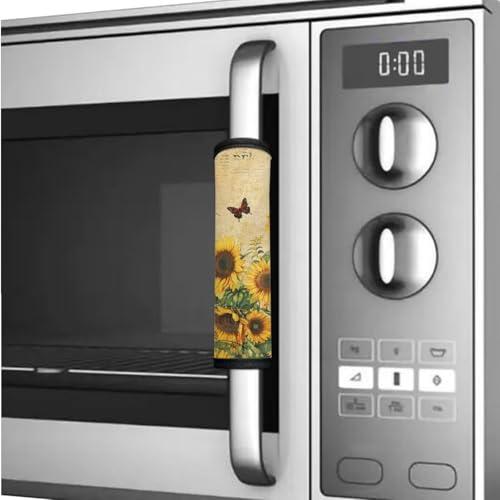 Image of Refrigerator Oven Door Handle Covers Pack of 6 Protective and Decorative Handle Protector for Kitchen Cabinets Oven Dishwasher Microwave, Sunflower Butterfly Retro Beige
