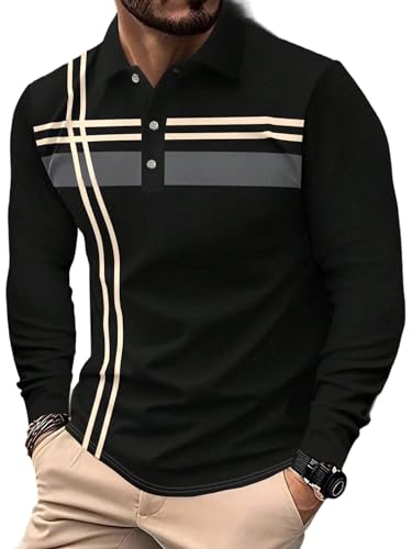 Mens Stripe Design Polo Shirt Long Sleeve Multicolor Interlock Comfort Collared Everyday Breathable Top