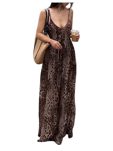 SOLY HUX Women's Leopard Print Maxi Dress Sleeveless V Neck Sundresses Vintage Flowy Cami Dresses