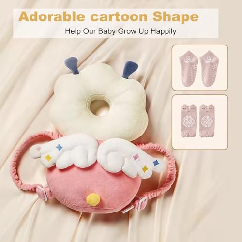 Image of Baby Head Protector Backpack, Adjustable Head Protection Backpack with Baby Knee Pads for Crawling, Soft, Breathable and Wearing Safety Head Protector - Pink Fairy