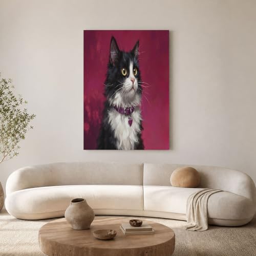 Toile de chat mignon avec collier rose foncé peinture murale réaliste sans cadre 70x100 cm